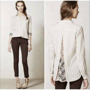 Anthropologie Gray and White Striped Button-Down Blouse